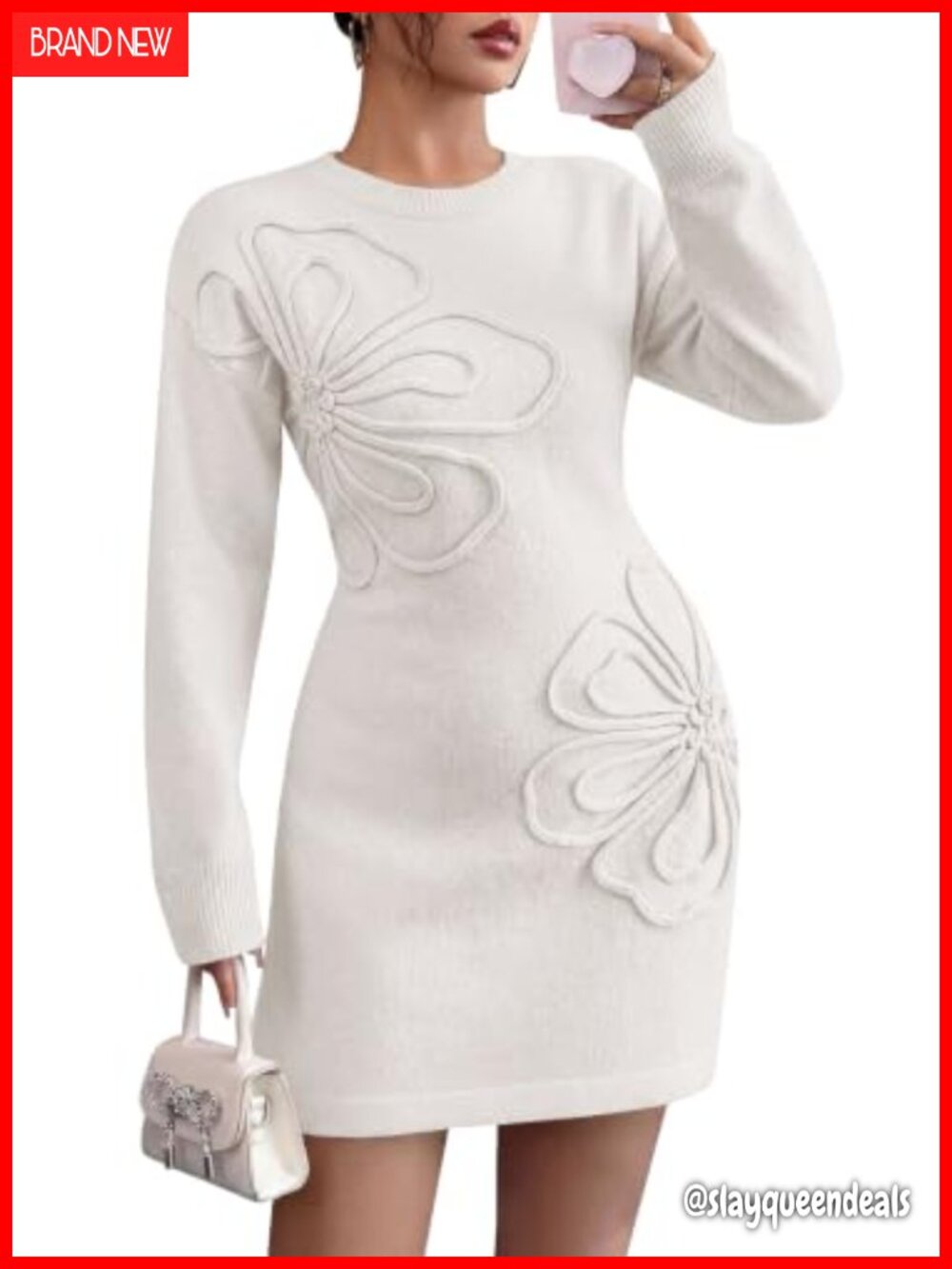 Embroidered Long Sleeve Bodycon Mini Sweater Dress Crew Neck